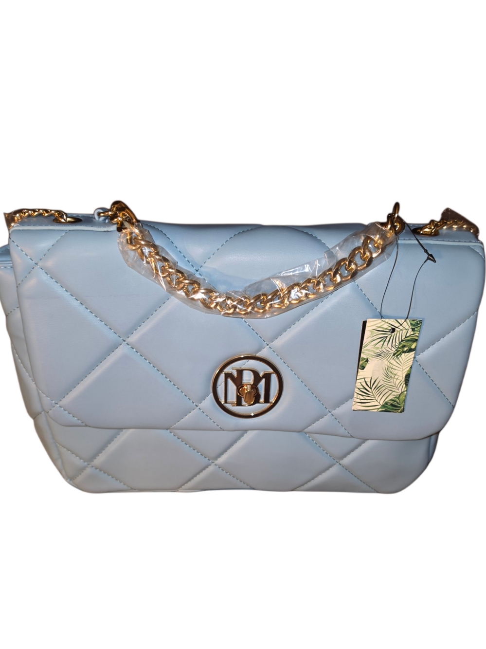 Badgley Mischka Quilted Light Blue Shoulder Bag with Gold Chain Strap